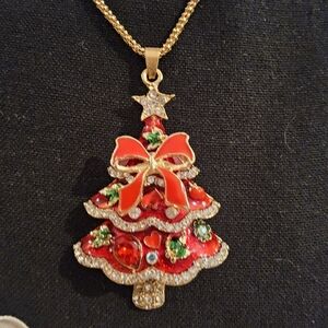 Festive Christmas Tree Necklace with Red and Gold Accents